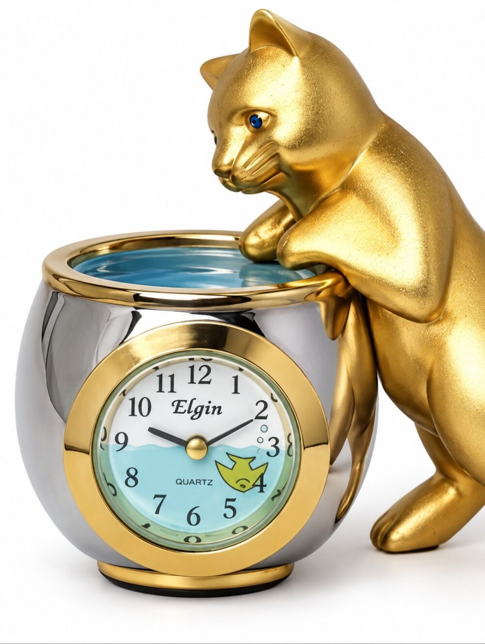 ELGIN | NIB Kitty-Kat Collectible Mini Clock Gold Cat Fishing Fish Bowl Quartz‎